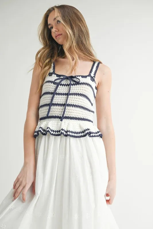 MABLE Crochet Stripe Knit Eyelet Mix Midi Dress - LaTezza Online Shop