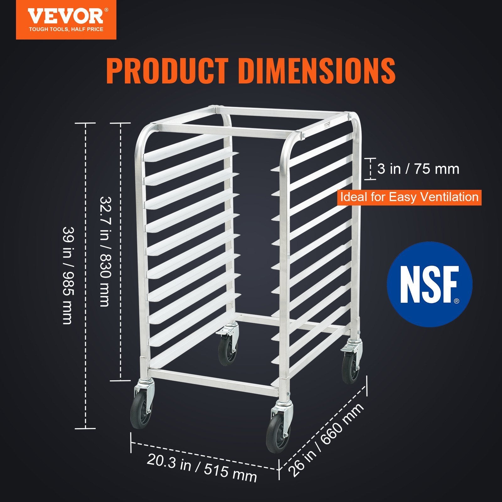 VEVOR Bun Pan Rack, 10-Tier Commercial Bakery Racks With Brake Wheels, Aluminum Racking Trolley Storage For Half & Full Sheet - LaTezza Online Shop