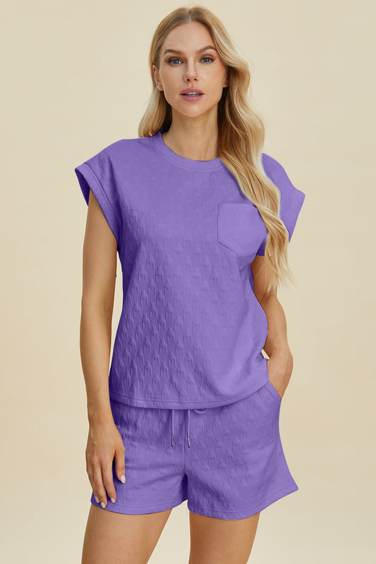 Double Take Full Size Pocketed Texture Round Neck Top and Shorts Set - LaTezza Online Shop