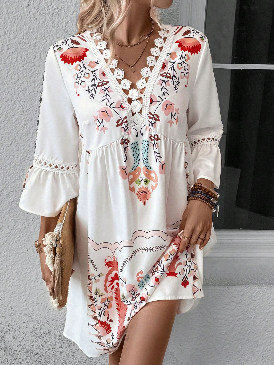 Summer Dress Lace Detail Printed Three-Quarter Sleeve Dress - LaTezza Online Shop