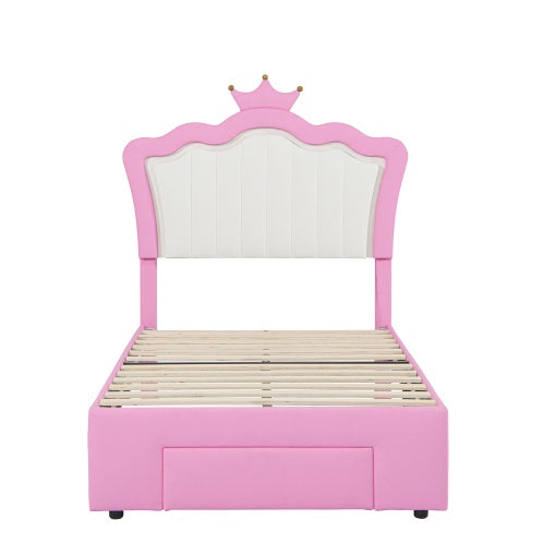 Twin Size Upholstered Bed Frame With LED Lights Modern Princess Bed With Crown Headboard and drawer