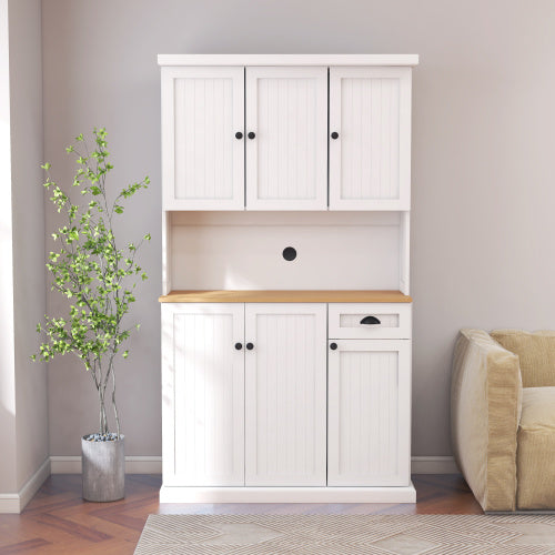 Kitchen Storage Cabinet With Microwave Countertop, Freestanding Cabinet With Adjustable Shelves, 6 Doors And 1 Drawer - White - LaTezza Online Shop