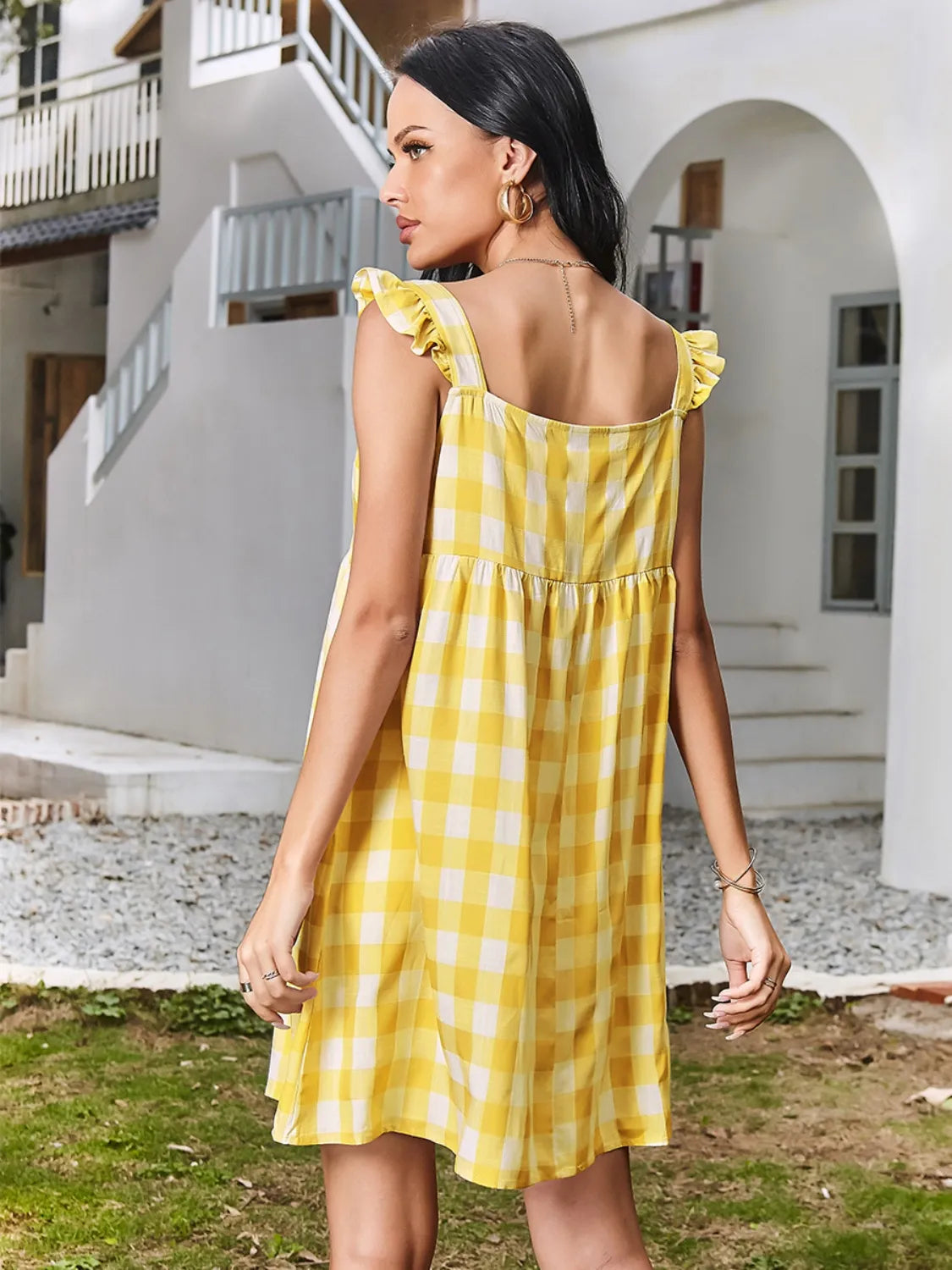 Ruffled Plaid Square Neck Mini Dress - LaTezza Online Shop
