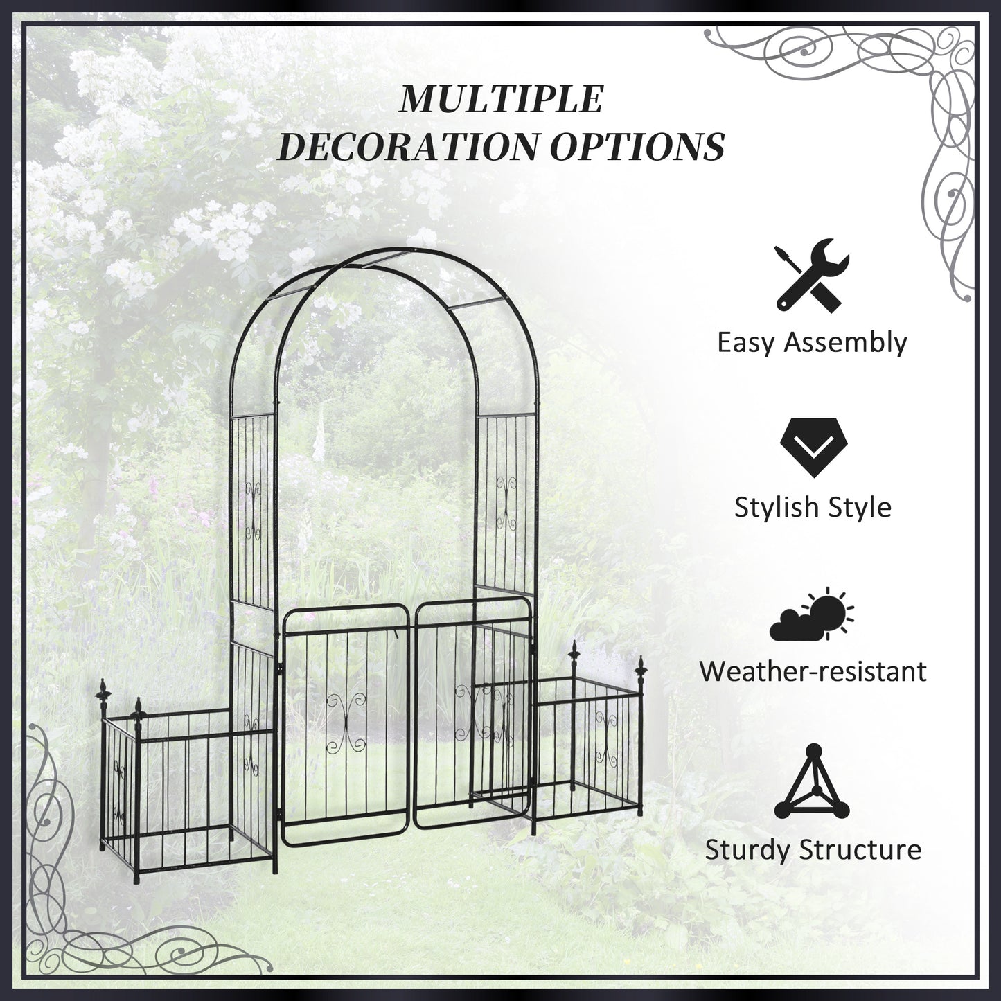 Romantic Archway 86 Metal Garden Arch With Planters For Climbing Vines, Black