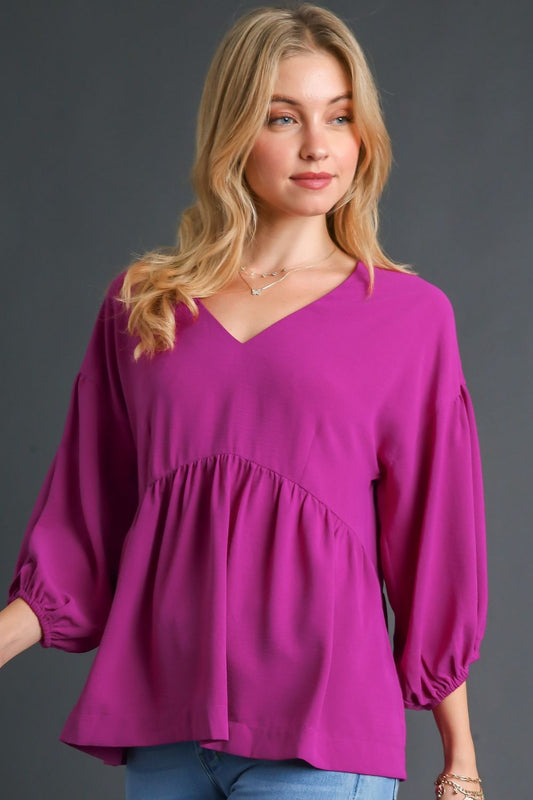 Umgee Full Size V-Neck Puffed 3/4 Sleeve Babydoll Blouse Plus Size - LaTezza Online Shop