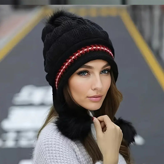 Knit Fleece-Feel Beanie With Ear Flaps & Pompom Warm Winter Hat For Women - LaTezza Online Shop