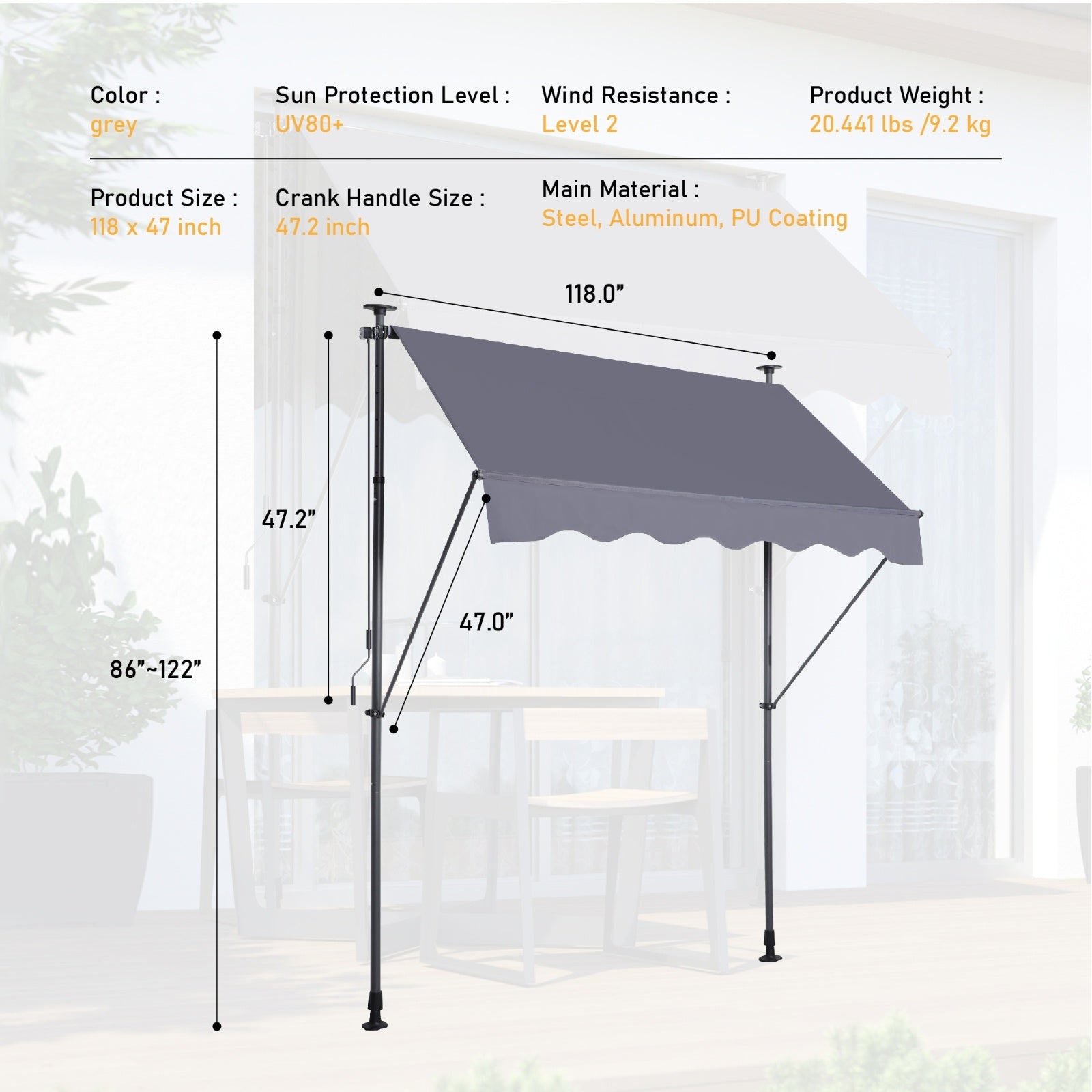 Manual Retractable Awning 118 Non-Screw Outdoor Sun Shade Cover With UV Protection  Polyeste - LaTezza Online Shop