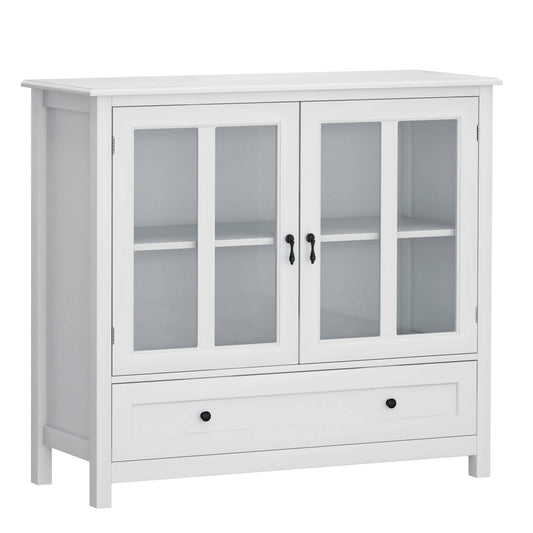 Buffet Storage Cabinet With Double Glass Doors And Unique Bell Handle 