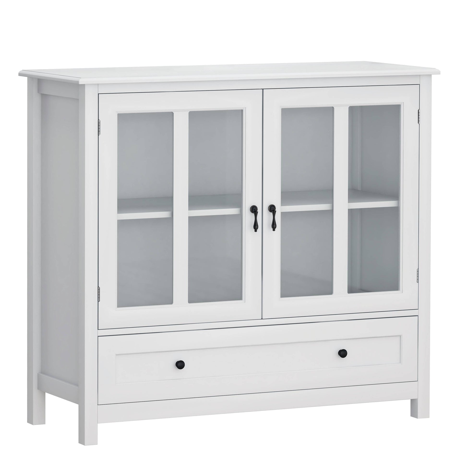 Buffet Storage Cabinet With Double Glass Doors And Unique Bell Handle 