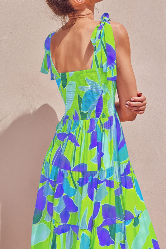 Floral Tie-Shoulder Smocked Midi Dress - LaTezza Online Shop