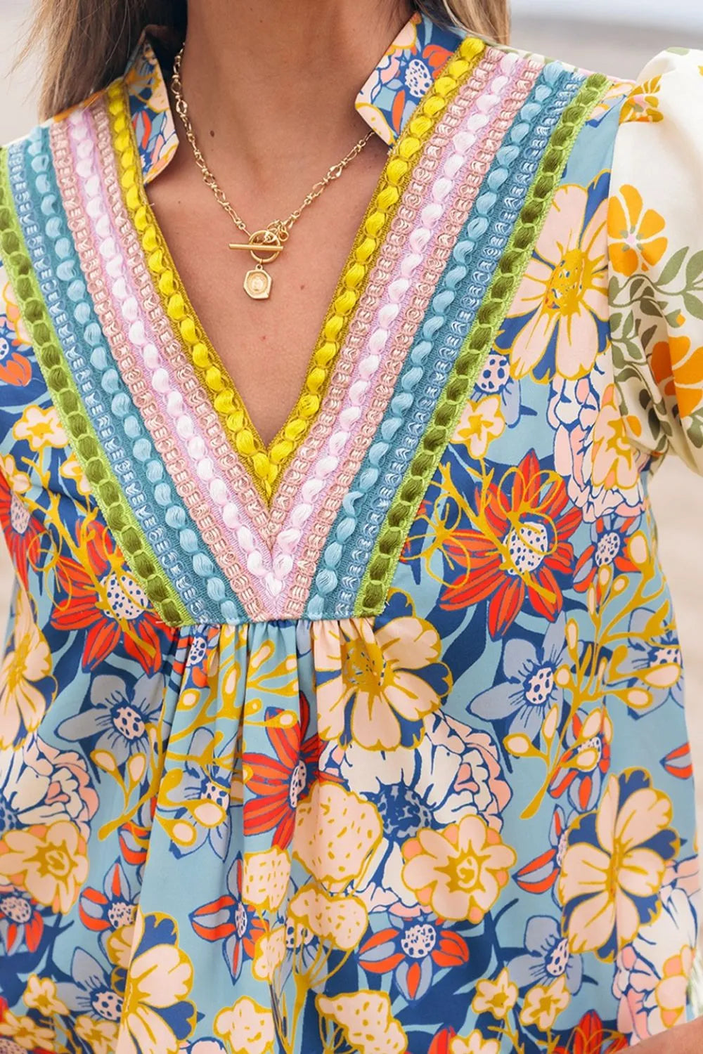 Multicolour Crochet V Neck Half Sleeve Boho Floral Blouse - LaTezza Online Shop