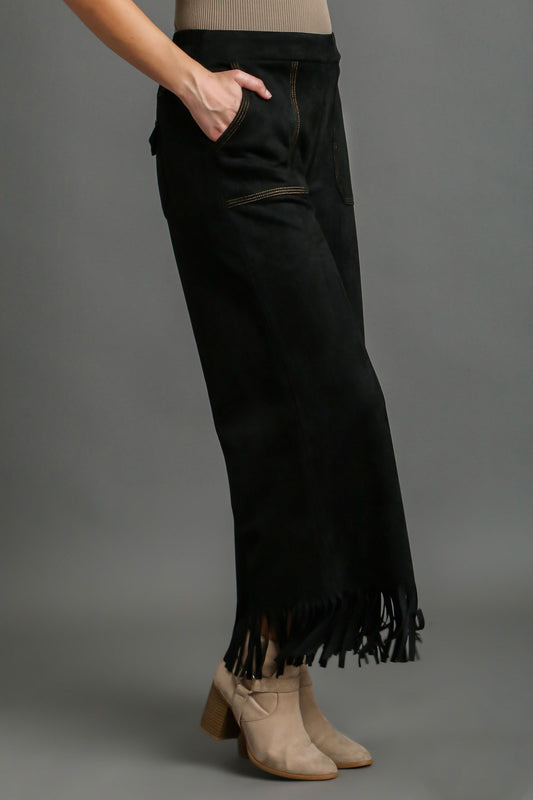 Umgee Full Size Suede Fringe Hem Wide Leg Pants Plus Size - LaTezza Online Shop