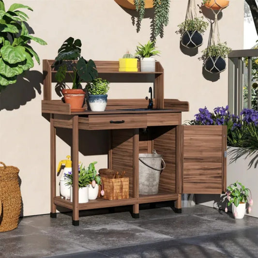 Dark Brown Outdoor Potting Bench With Storage Cabinet, Sink And Faucet