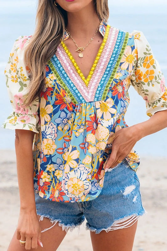 Multicolour Crochet V Neck Half Sleeve Boho Floral Blouse - LaTezza Online Shop