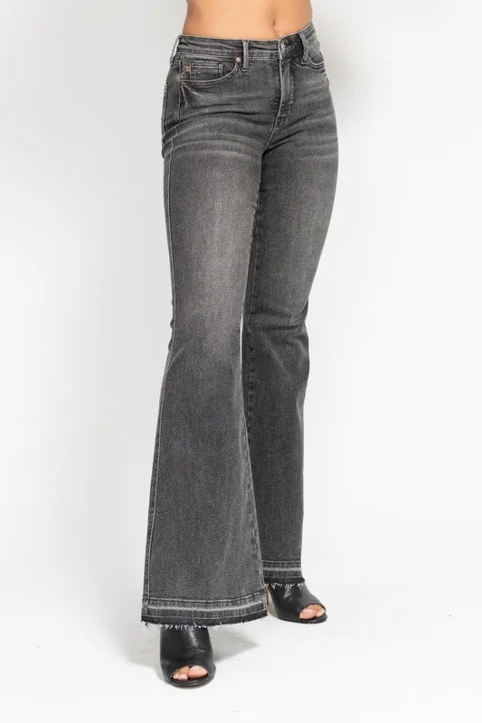 Judy Blue Full Size Mid Rise Tummy Control Washed Gray Release Hem Flare Jeans Plus Size - LaTezza Online Shop
