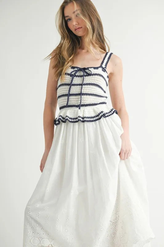 MABLE Crochet Stripe Knit Eyelet Mix Midi Dress - LaTezza Online Shop