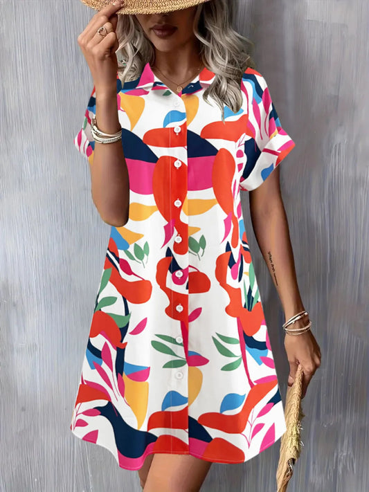 Printed Button Down Short Sleeve Dress