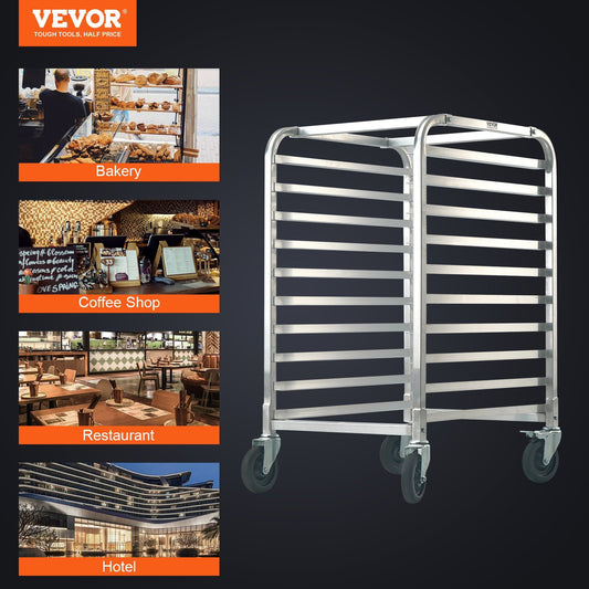 VEVOR Bun Pan Rack, 10-Tier Commercial Bakery Racks With Brake Wheels, Aluminum Racking Trolley Storage For Half & Full Sheet - LaTezza Online Shop