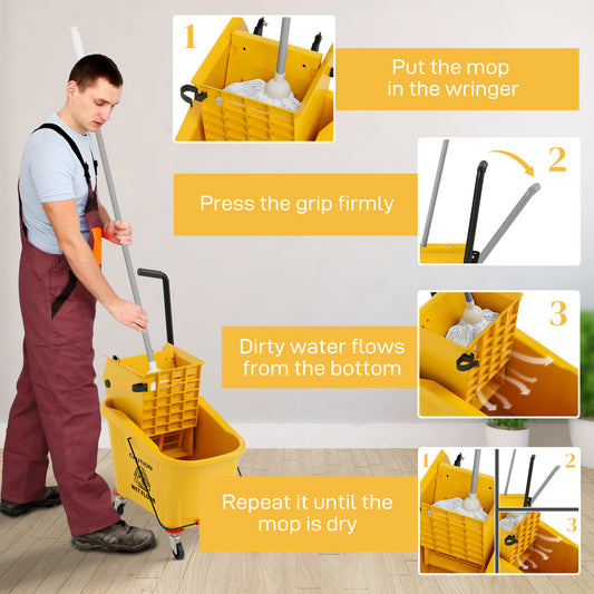 Mop Bucket With Wringer On Wheels For Floor Cleaning, 38 Quart Down Press Wringer With Handle, Yellow