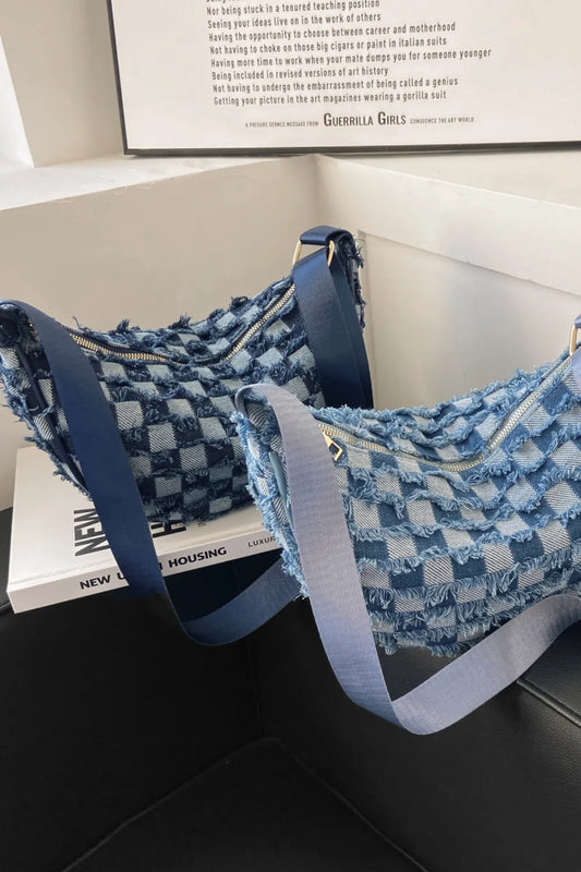 Raw Hem Checkered Denim Crossbody Bag - LaTezza Online Shop