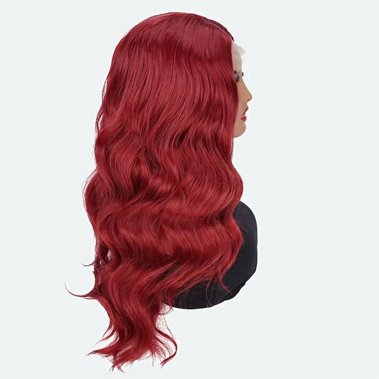 Elegant 24 Inch Red Wavy Synthetic Wig For Women, 4x1 Front Lace, High Temperature Fiber, Middle Part, Natural Look, Breathable, Comfortable, Versatile For Cosplay & Daily Use, All Ethnicitie - LaTezza Online Shop