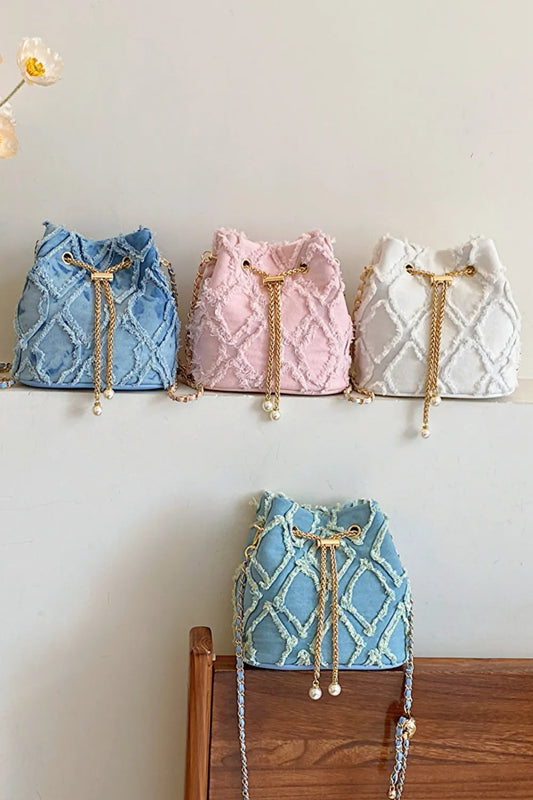 Chain Drawstring Raw Edge Denim Bucket Bag - LaTezza Online Shop