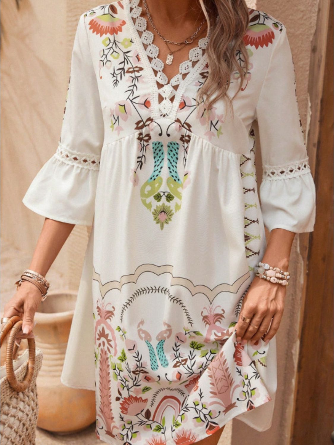 Summer Dress Lace Detail Printed Three-Quarter Sleeve Dress - LaTezza Online Shop