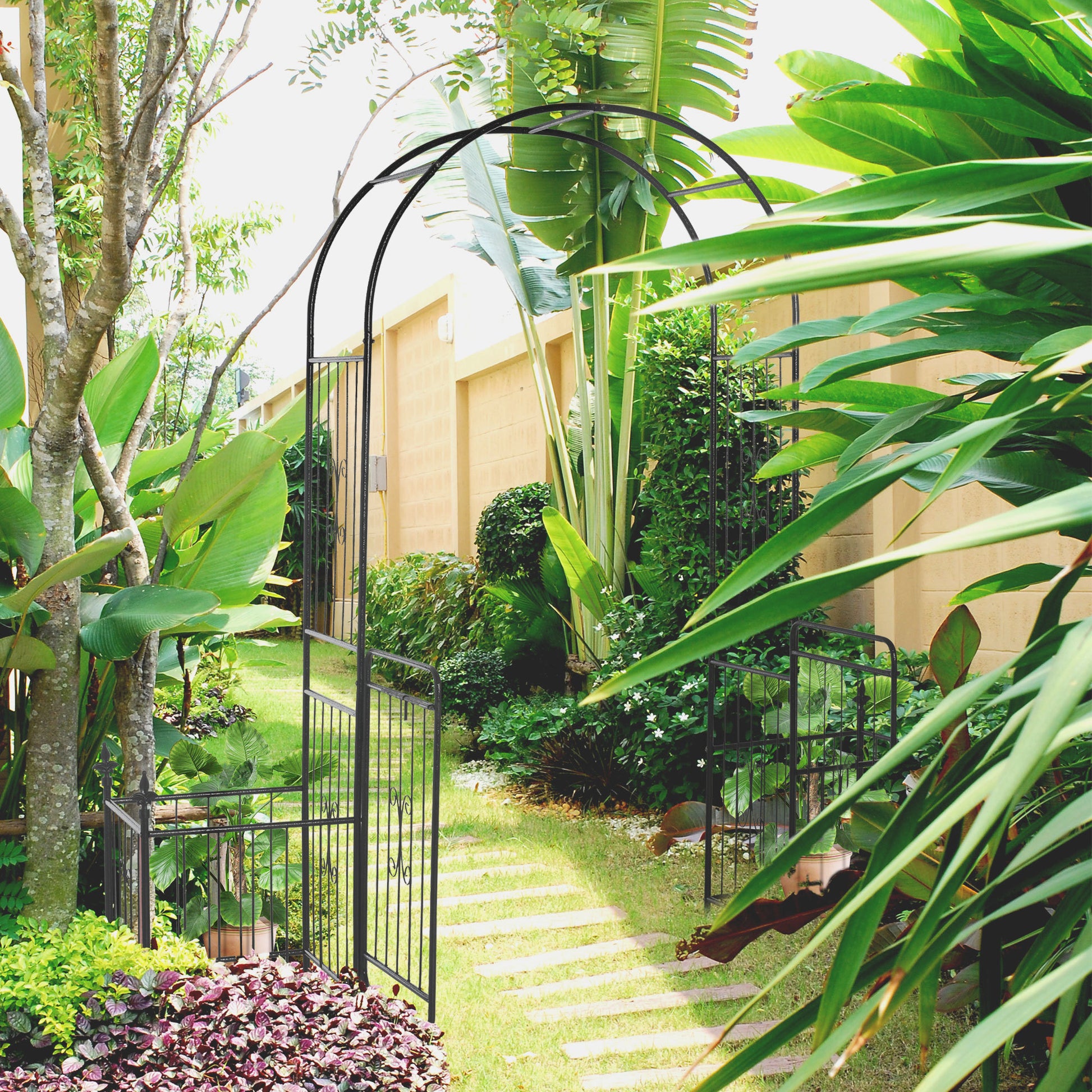 Romantic Archway 86 Metal Garden Arch With Planters For Climbing Vines, Black