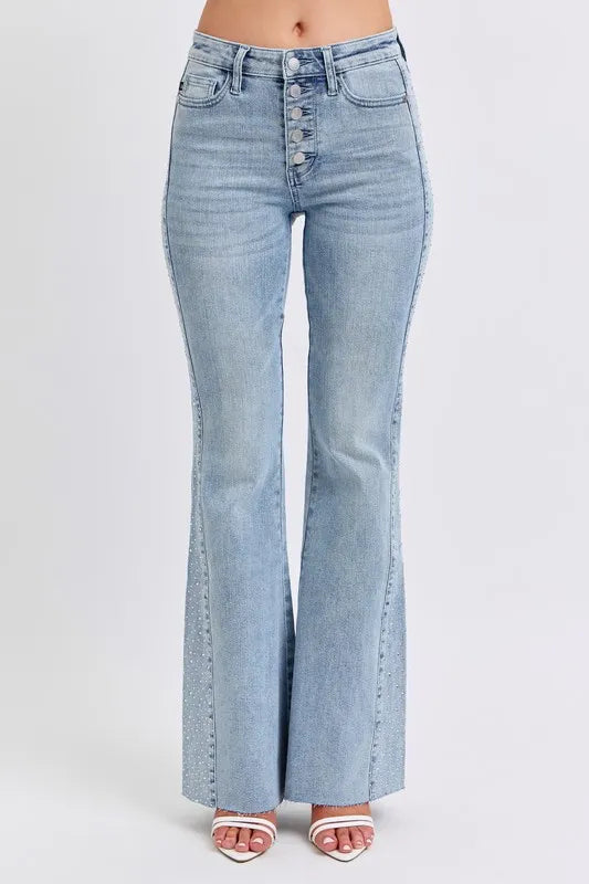 Flare Jeans Judy Blue Full Size Mid Rise Rhinestone Side Panel Detail Plus Size - LaTezza Online Shop