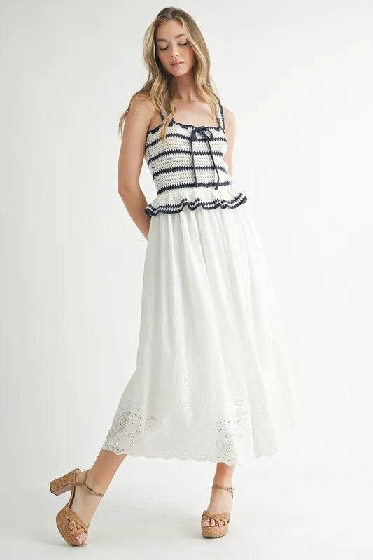 MABLE Crochet Stripe Knit Eyelet Mix Midi Dress - LaTezza Online Shop