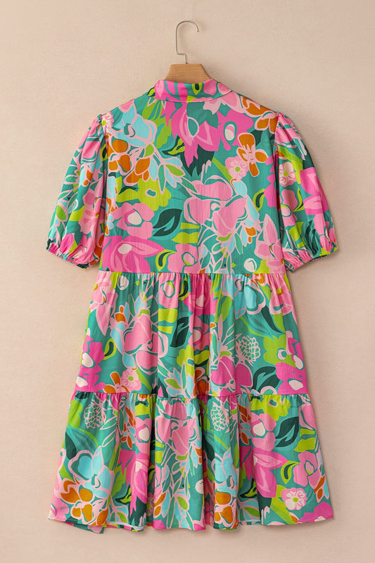 Printed Collared Neck Puff Sleeve Mini Dress - LaTezza Online Shop