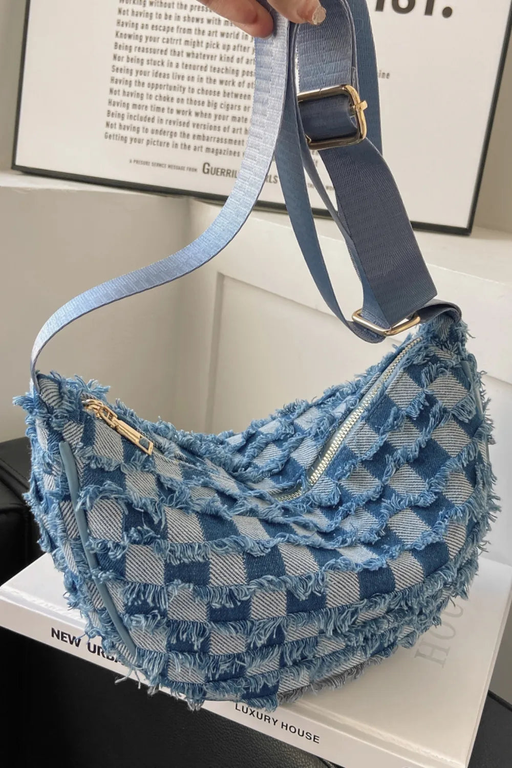 Raw Hem Checkered Denim Crossbody Bag - LaTezza Online Shop
