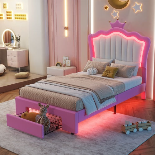 Twin Size Upholstered Bed Frame With LED Lights Modern Princess Bed With Crown Headboard and drawer