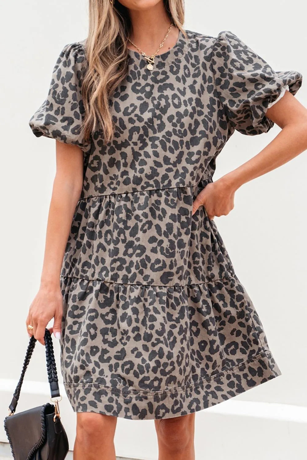 Leopard Round Neck Puff Sleeve Denim Dress - LaTezza Online Shop