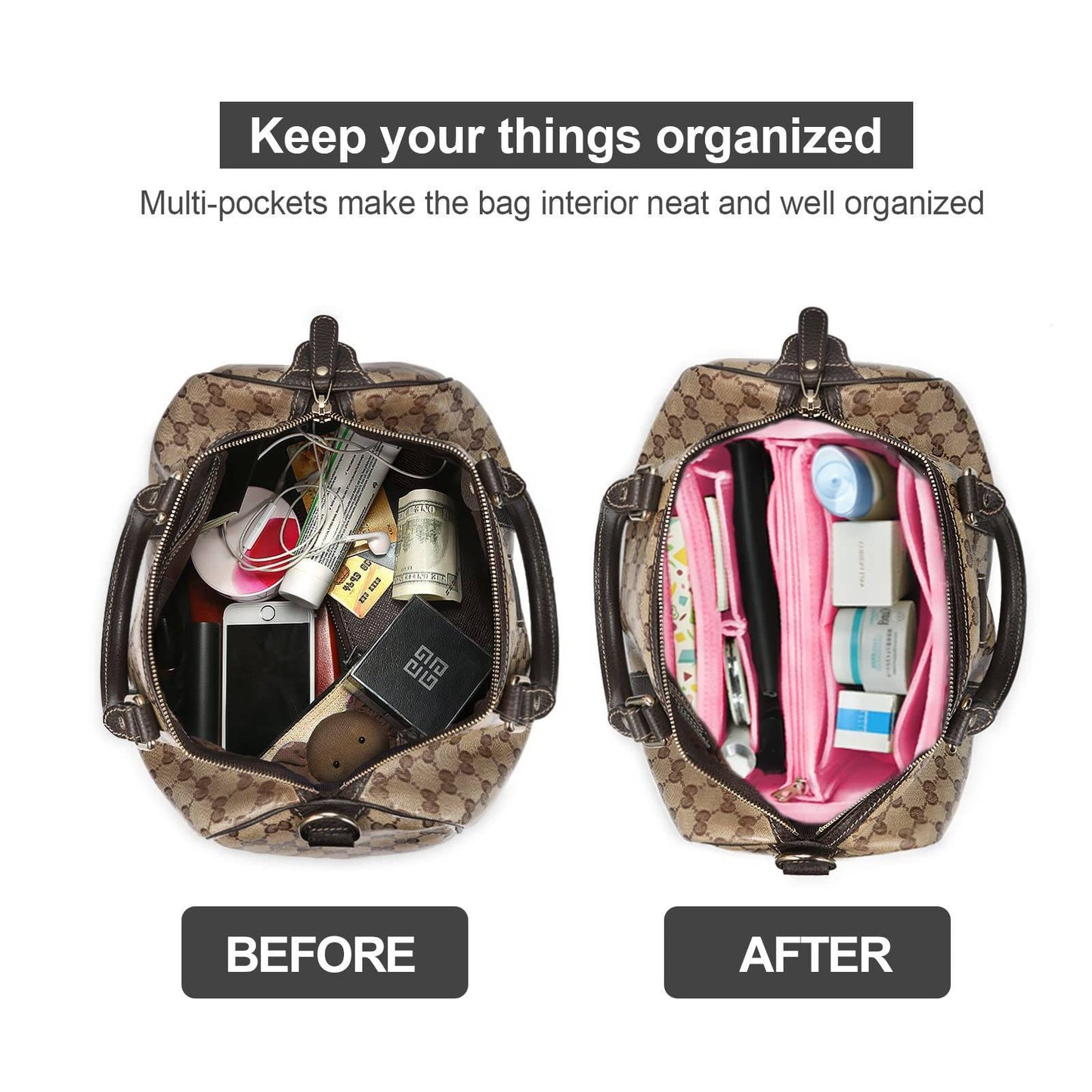 Tote Insert Liner Purse Pouch Women Travel Handbag Felt Bag XL Pink - LaTezza Online Shop